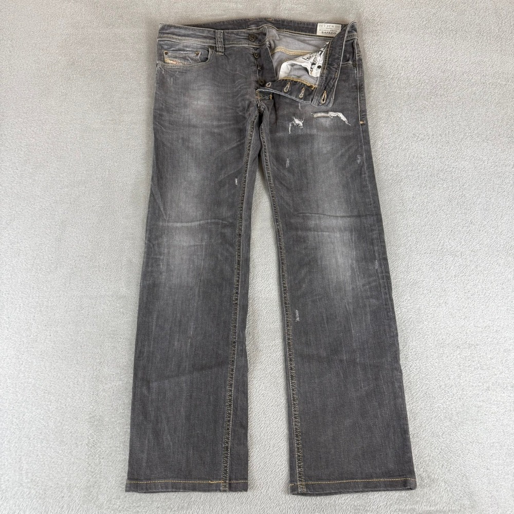 Diesel Safado Slim Straight Jeans Mens 34x30 Black Distressed Button Fly Stretch